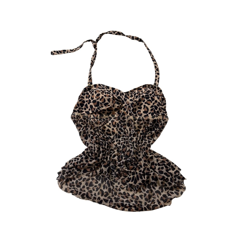 Kona Sol Tankini Top 14W Brown Y2K Leopard Print Halter Mesh Sweetheart Swimwear
